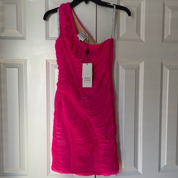💞NWT HERVE LEGER one-shoulder draped jersey mini dress in neon Pink, size M - Picture 5 of 17